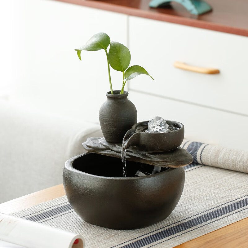 流水摆件时来运转小型陶瓷鱼缸客厅办公室桌面家用自动循环水转珠 gmc