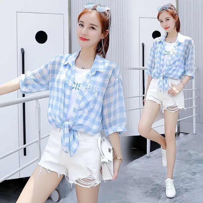 雷姆汀【假两件】下摆打结衬衫女学生中袖夏季百搭韩版宽松格子衬衣