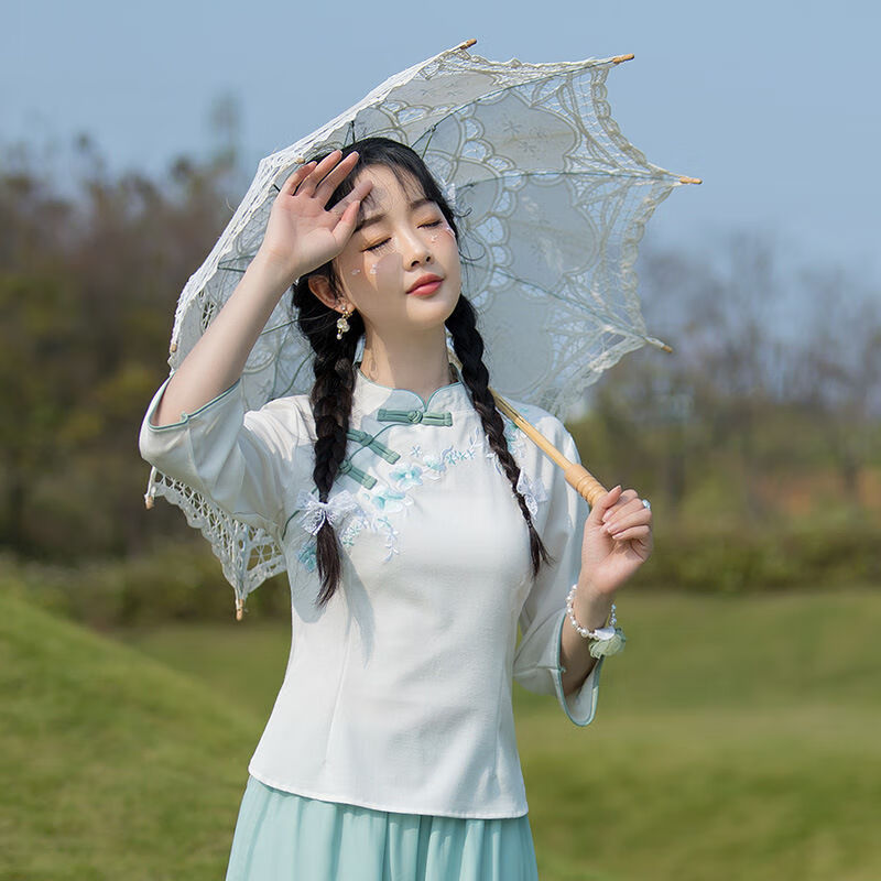 歆栩民国风小洋装旗袍夏季新款少女立领上衣中国风中式盘扣唐装茶艺服