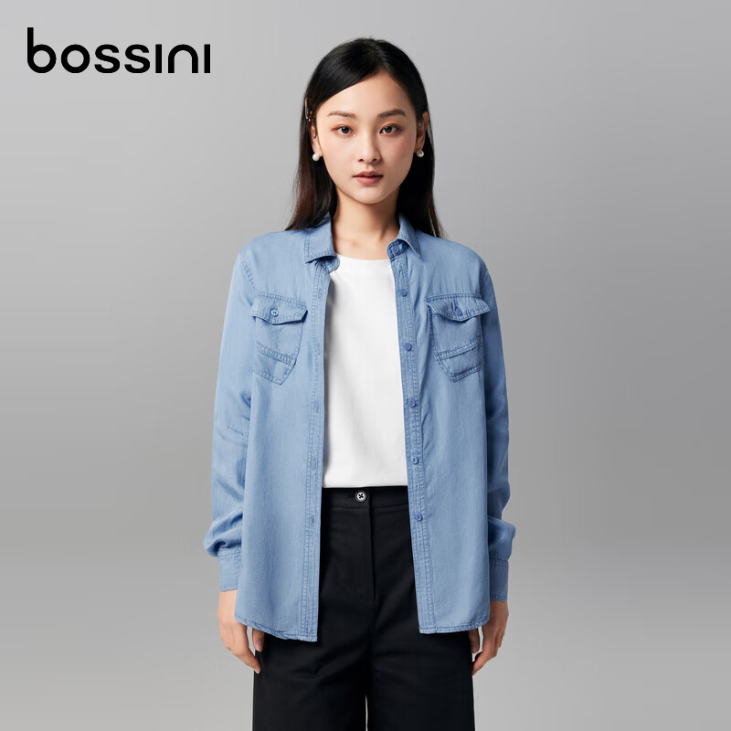 堡狮龙bossini女装春夏新品简约休闲百搭通勤风长袖牛仔衬衫 7501浅靛