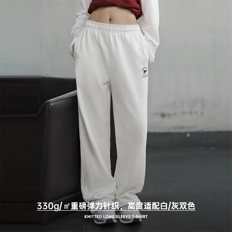 马登美式复古垂感休闲卫裤纯棉宽松显瘦运动裤百搭慵懒风阔腿裤女秋季 象牙白 M