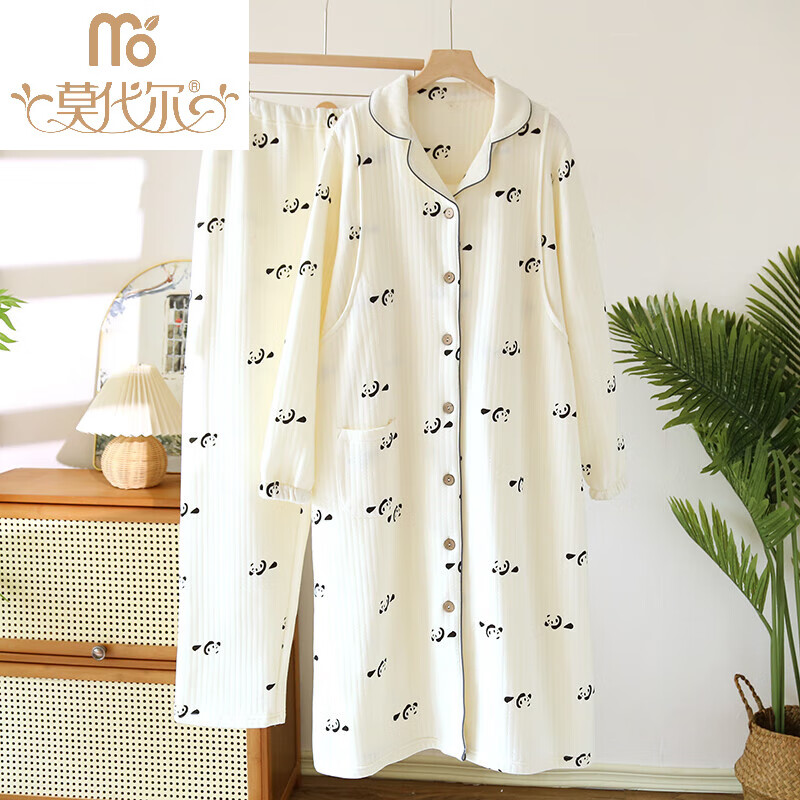 莫代爾月子服產(chǎn)后秋冬季純棉醫(yī)院待產(chǎn)哺乳睡裙空氣棉孕婦睡衣產(chǎn)后喂奶衣 小熊貓翻領(lǐng)裙褲套 Z L [建議產(chǎn)后90-135斤]