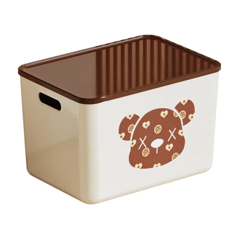稻草熊桌面收纳盒长方形带盖整理盒杂物文具防尘储物盒零食工位整理神器 咖啡色带盖【三个装赠卡通贴纸】