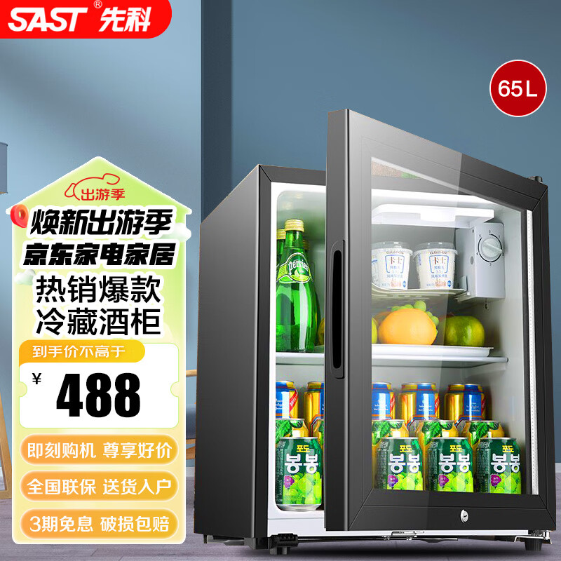 先科（SAST）冰吧冷藏柜 欧式恒温红酒柜酒店家用电冰箱迷你小型单门办公室电竞保鲜展示留样茶叶饮料药品柜 65升（冷藏+微冷冻+带锁）