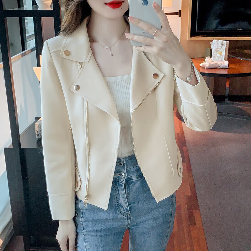 小个子西装外套女春秋时尚气质通勤女士穿的短款韩版西服上衣 米白色