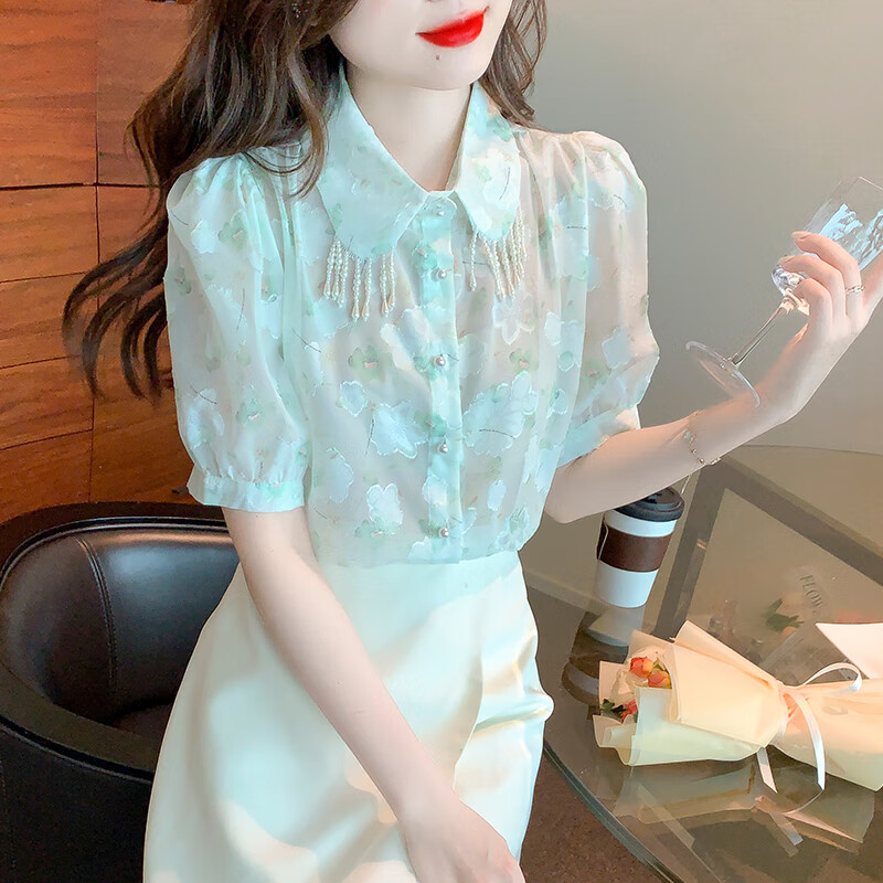 新款上衣女时尚印花衬衣气质百搭显瘦温柔风衬衫舒适时尚百搭 青色 s