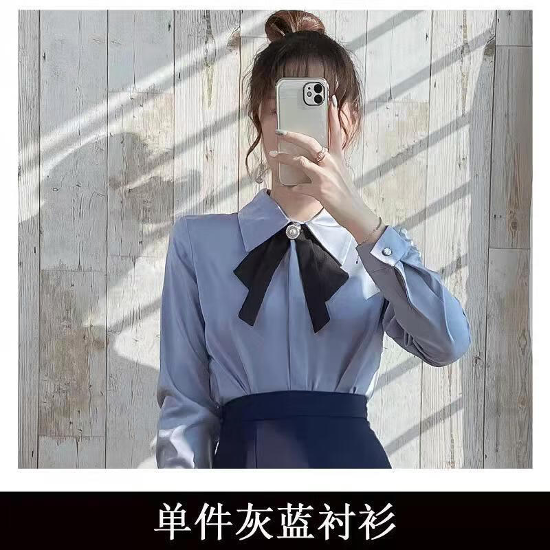 肖摩狄配西装的衬衫女生职业衬衣v领衬衫女高端装套装秋前台接待工作