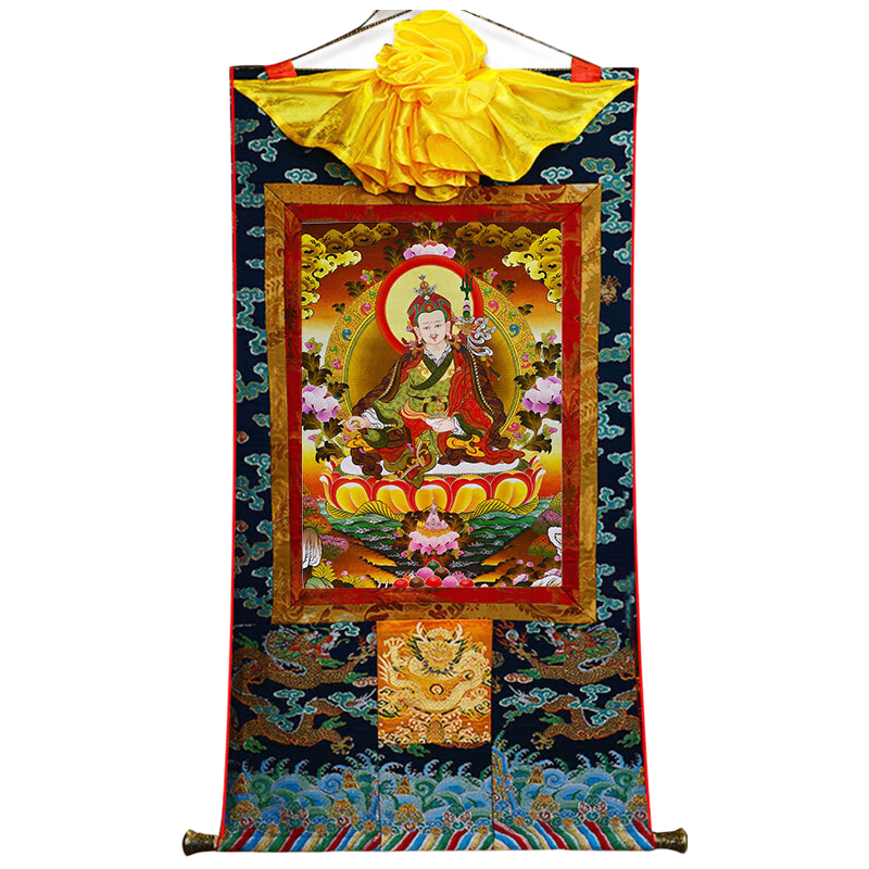 藏村《莲花生大师》唐卡挂画 现货藏式装裱居家客厅办公会议室装饰画 莲花生大师A款+1.3m蓝色龙布 唐卡