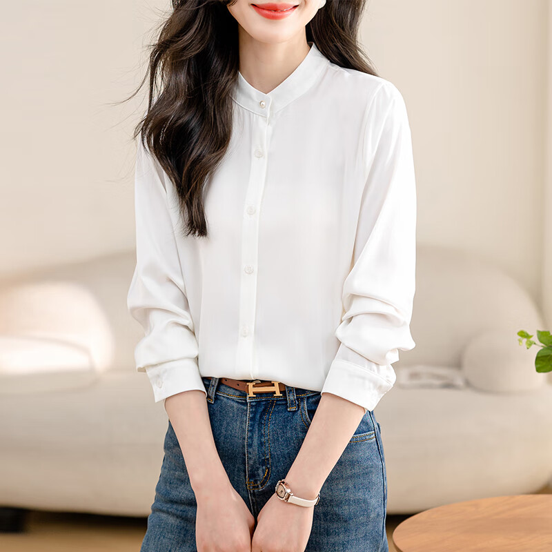bhhwtd轻奢高端缎面小立领白衬衫女长袖韩版宽松珍珠扣百搭气质内搭