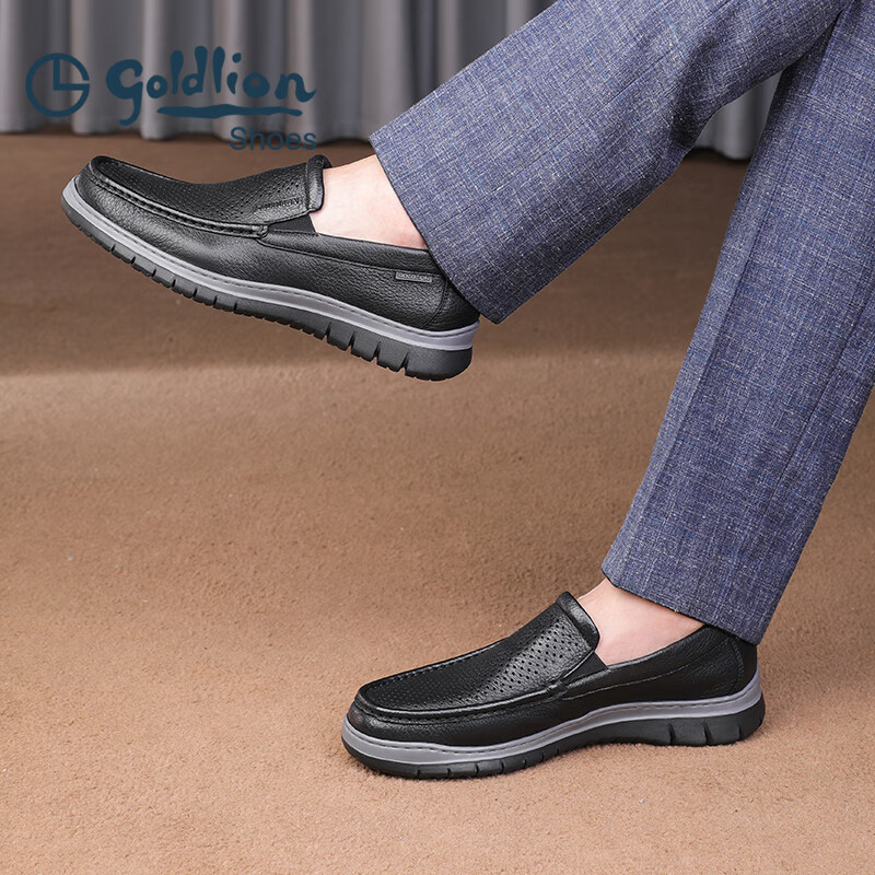 金利来(Goldlion)凉鞋男鞋皮鞋男鹿皮革透气爸爸鞋商务休闲鞋乐福鞋男士皮鞋套脚鞋 黑色 40