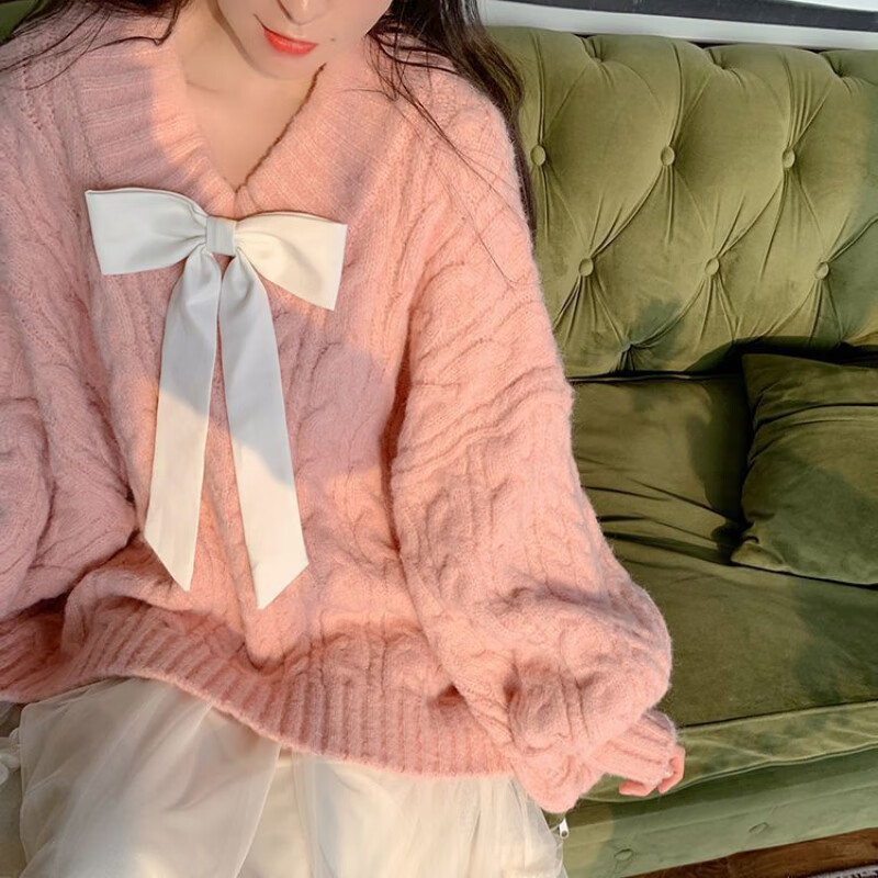 v领慵懒温柔风麻花套头毛衣女学生宽松针织衫上衣 粉色毛衣有蝴蝶结 s