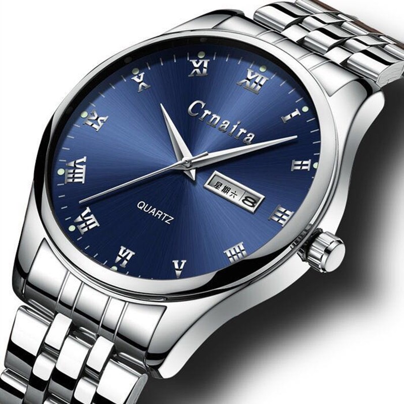 卡奈亚（Crnaira）品牌手表商务男表罗马刻度石英表男士多功能双日历夜光防水钢带潮 黑钢带蓝面