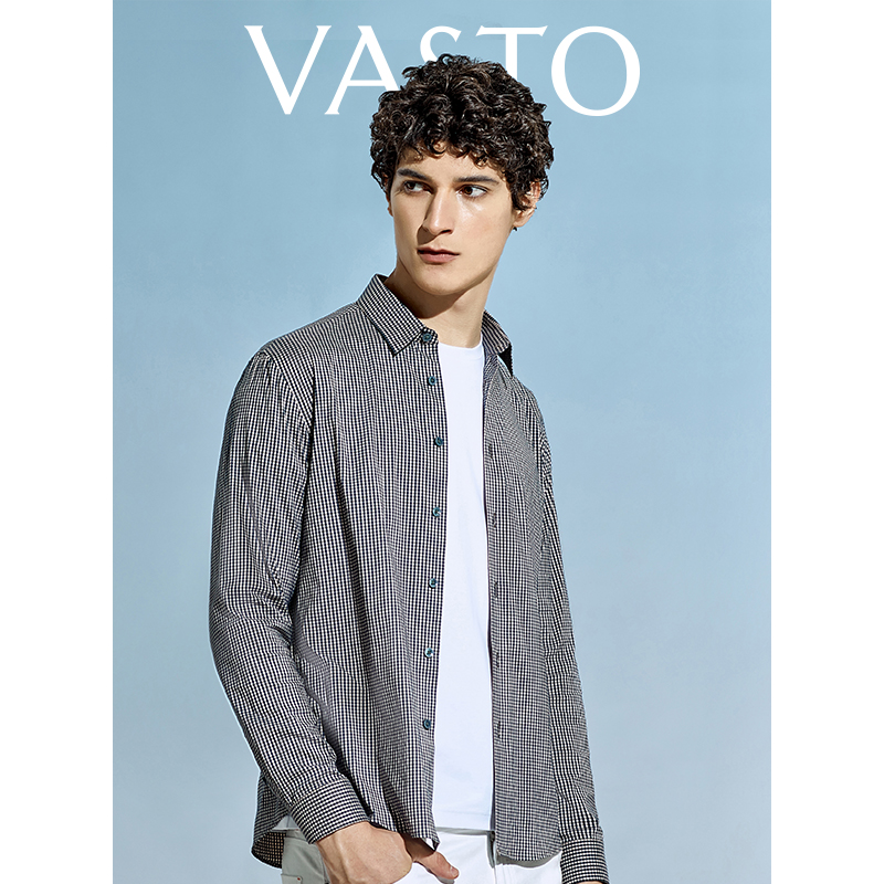 vasto华斯度男士休闲棉衬衫黑白格纹男衬衣商务休闲上衣春夏 黑色 38
