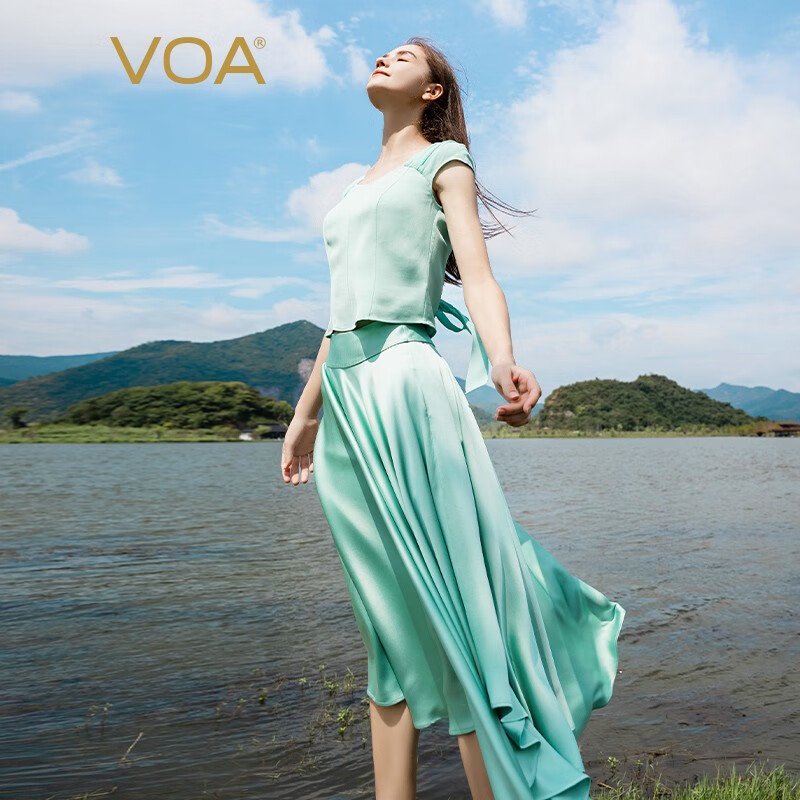 VOA40姆米双面缎光滑重磅真丝自然腰侧插袋大摆型半身裙 CE192 秦桑绿枝（G31） 160/M