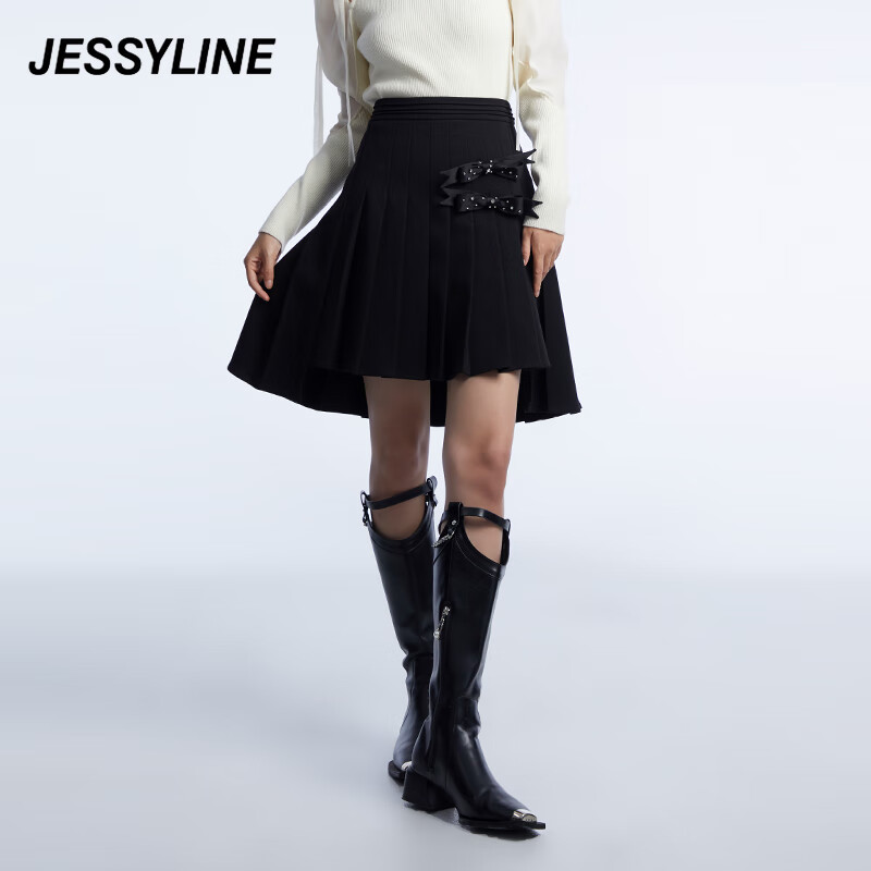 jessy line冬季专柜款 杰茜莱黑色百褶a字半身裙 242112342 黑色 xs