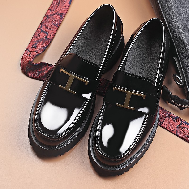 vqgt夏季新款漆皮大头皮鞋男真皮乐福鞋头层牛皮男鞋厚底增高 型男黑