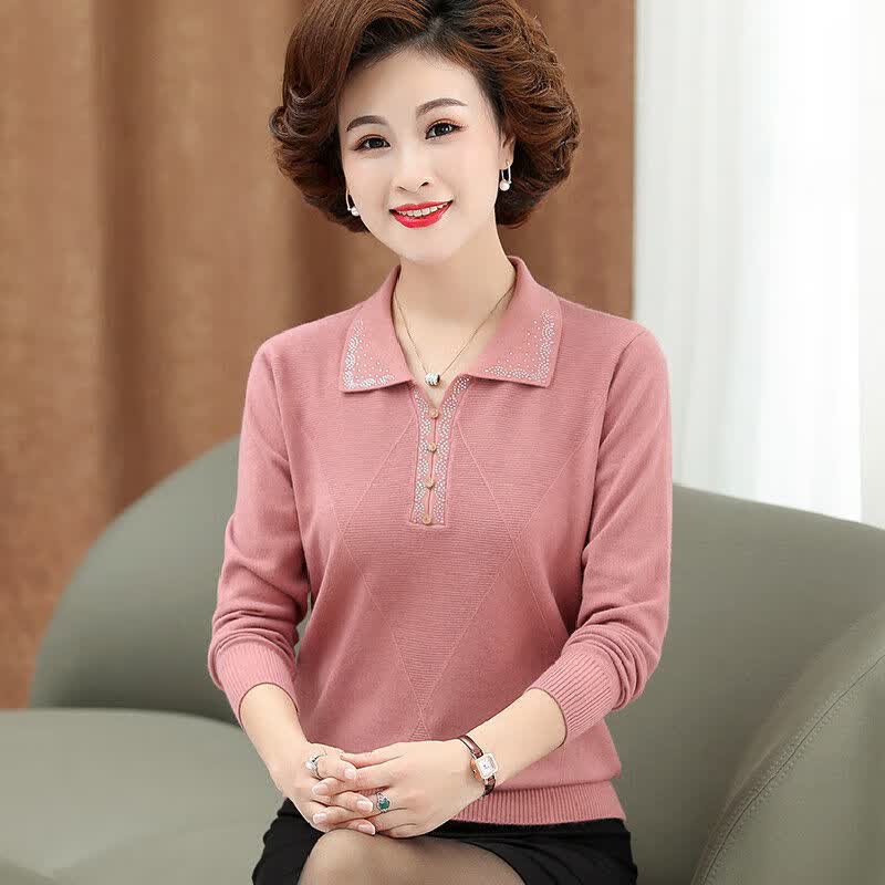 老年女翻领反领中老年女春秋装新款长袖上衣服妈妈翻领针织打底小衫50