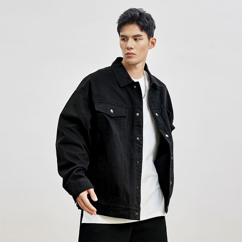 BD.POWER UP+春秋季纯棉健身牛仔外套男宽松简约美式复古翻领运动夹克外套男 黑色(选择最多) M 60-75kg