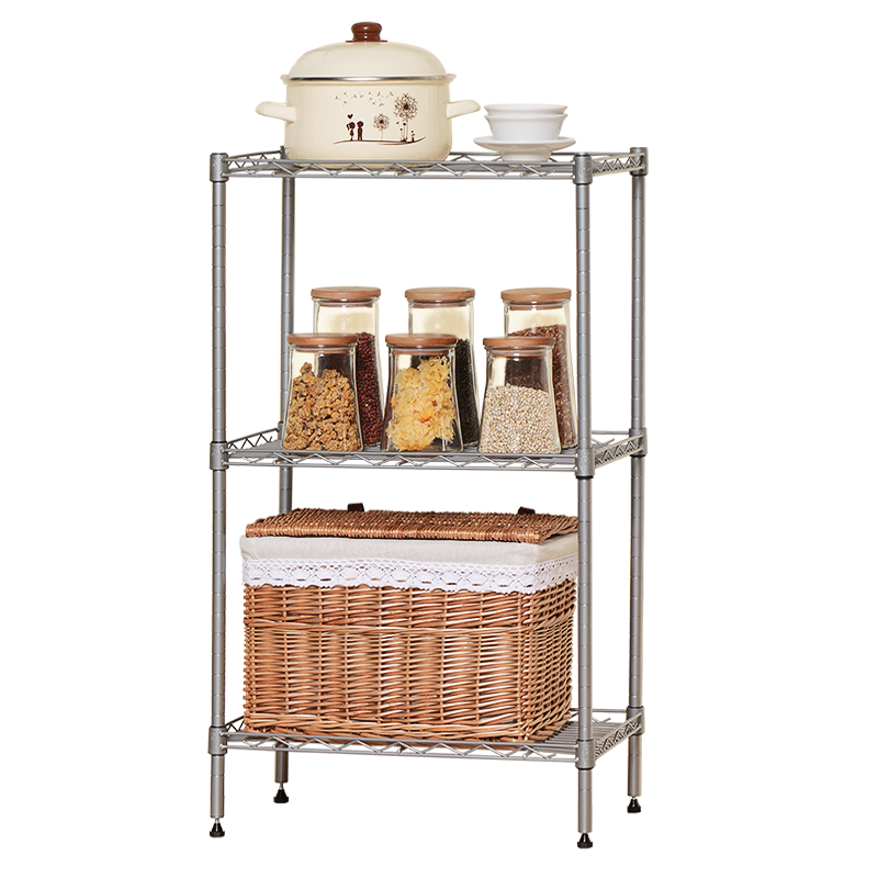 家家双龙 置物架金属碳钢微波炉架子 落地厨房置物架多层货架 家用收纳架储物杂物架出口品质 三层45*30*80银灰色