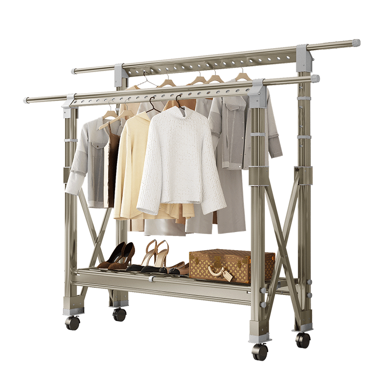 创硕 晾衣架双杆加固落地折叠晾衣杆可升降铝合金伸缩晒衣架免安装晒被子神器 十代太空灰小号【万向轮】