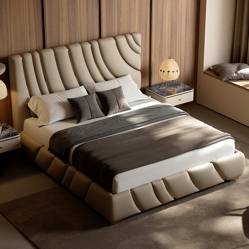 美得乐轻奢风主卧真皮床极简设计师豪华现代简约卧室皮艺双人床 a级