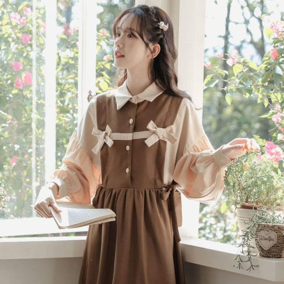 xwfrj少女春装新款女2024新款学院风森系复古小个子拼接蝴蝶结连衣裙