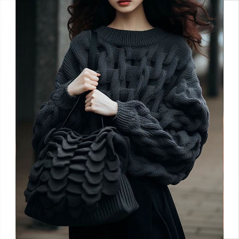弧倩大朗毛织一线尾单女装毛衣软糯慵懒深灰色扭结麻花针织衫 深灰色
