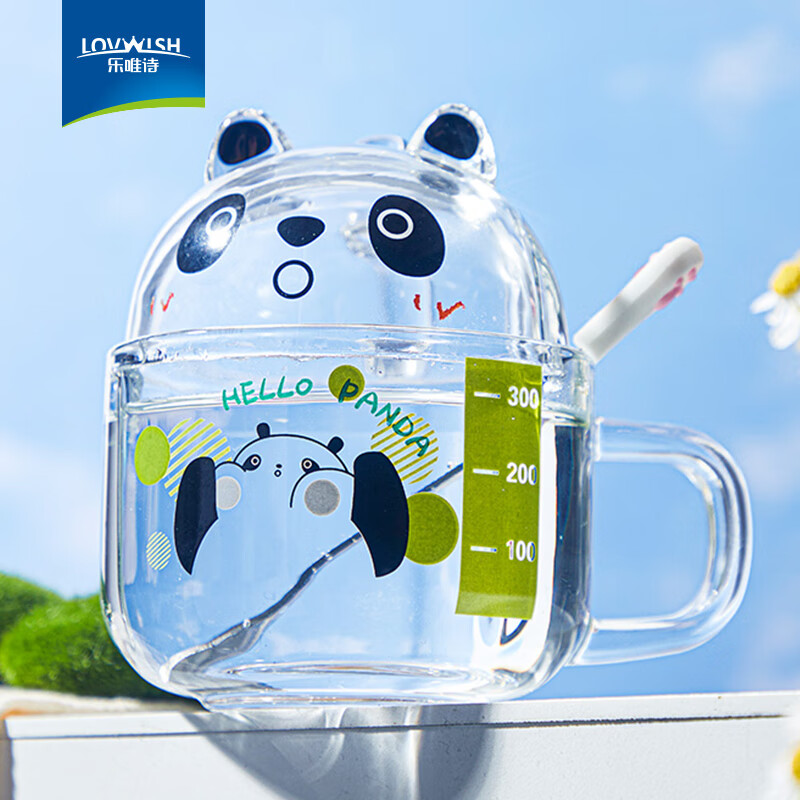 乐唯诗（LOVWISH）卡通玻璃早餐杯牛奶麦片饮料水杯一盖两用 熊猫【水杯350ml+杯盖150ML】