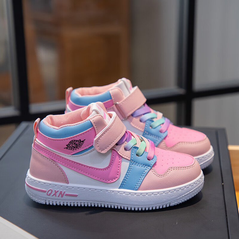 鞋子低帮aj空军一号板鞋幼儿园男女童宝宝软底小孩皮面板鞋潮 粉色 25