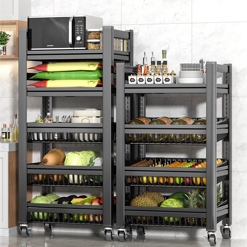 琛艺厨房多功能置物架落地夹缝可移动水果蔬菜篮子锅架子 黑色3层400*400*800通1板2篮