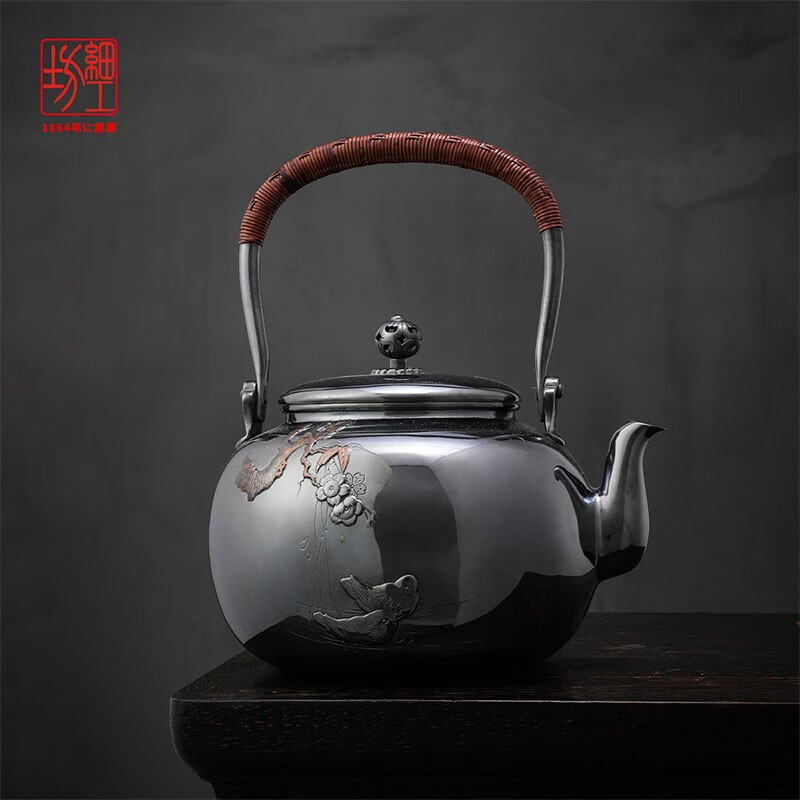 细工坊（XIGONGFANG）日本银壶泡茶壶足银9999家用足银茶具一张银口打出 鸳鸯戏水·熏银 鸳鸯戏水·熏银