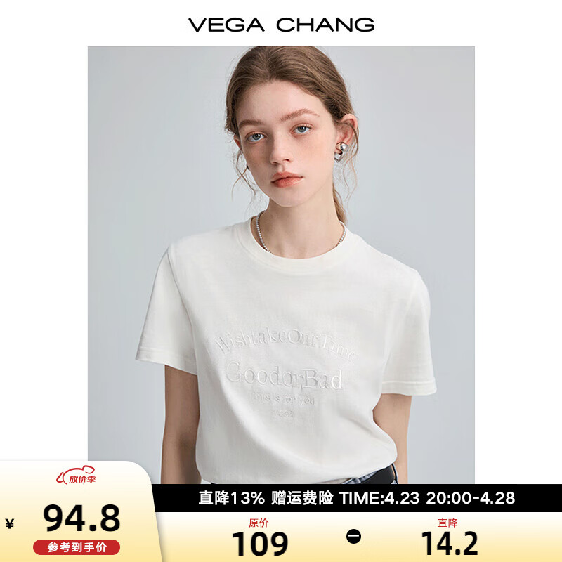 VEGA CHANG字母刺绣t恤女短袖2024春装新款圆领时尚体恤衫上衣ins 泡沫白 M