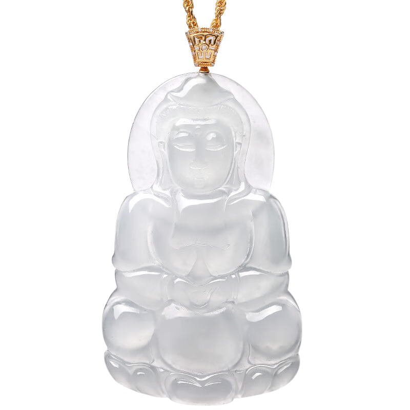 祥禎福珠寶（XIANGZHENFU JEWELRY）「持瓶觀(guān)音」翡翠吊墜玉觀(guān)音高冰掛墜18K金鑲玉墜孤品