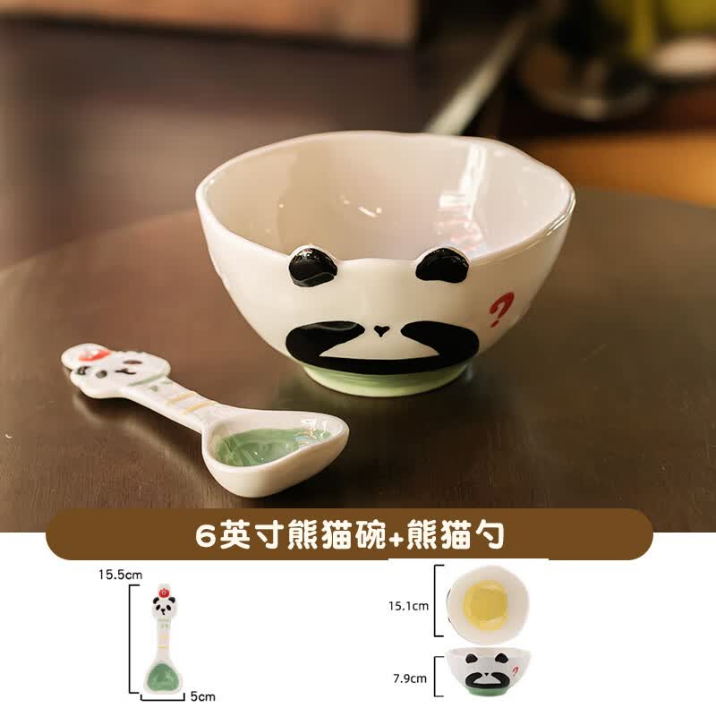 精东家单人陶瓷米饭碗釉下彩餐具儿童家用吃饭碗甜品沙拉早餐碗勺子套装 熊猫碗+熊猫勺