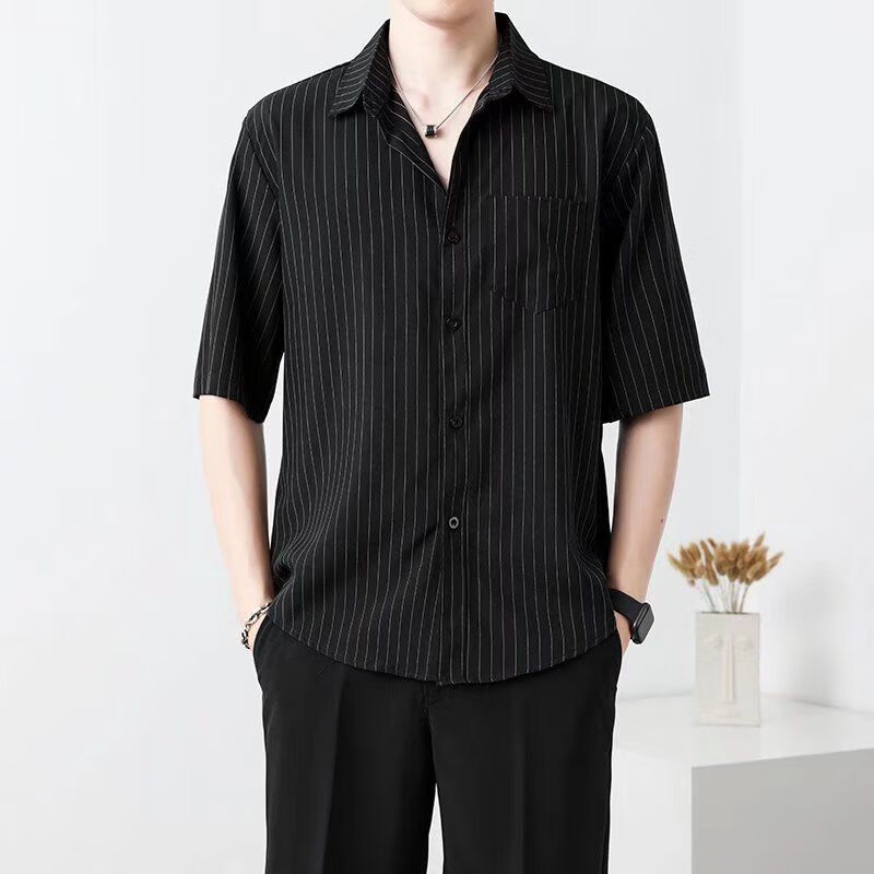轻熟风夏季裤子男套装韩系穿搭痞帅男士条纹衬衫搭配 黑色衬衫(单件)