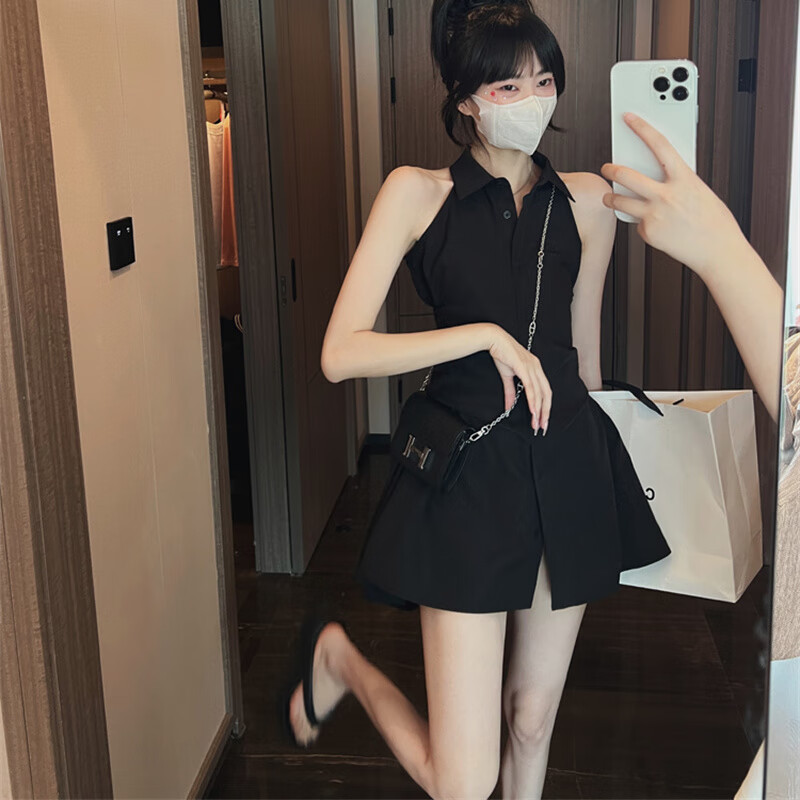 袖衬衫裙 黑色 无袖挂脖p领连衣裙 xs 胸围78腰围64