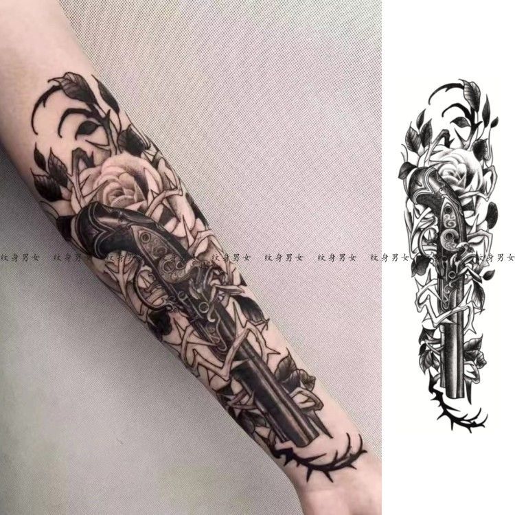 千色集草本果汁玫瑰枪纹身贴 手臂花臂防水霸气纹身刺青防汗 w113