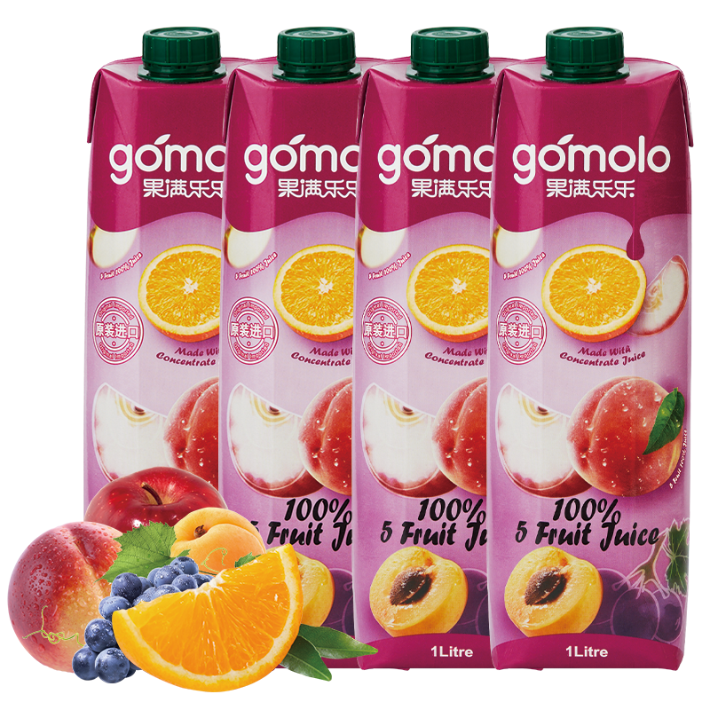 果滿樂樂（gomolo）塞浦路斯進口5種水果混合100%純果汁飲料1升*4瓶婚慶宴席聚餐年會
