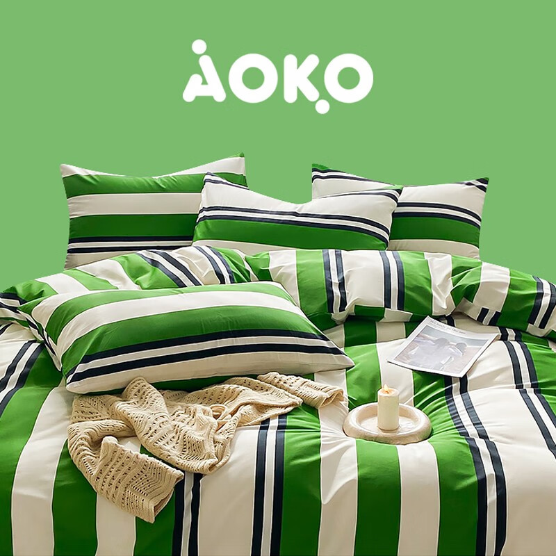 AOKO全棉四件套柔软舒适时尚线条绿洲ins床单床笠居家宿舍床上用品 绿洲 0.9m床单款三件-适150x210被芯
