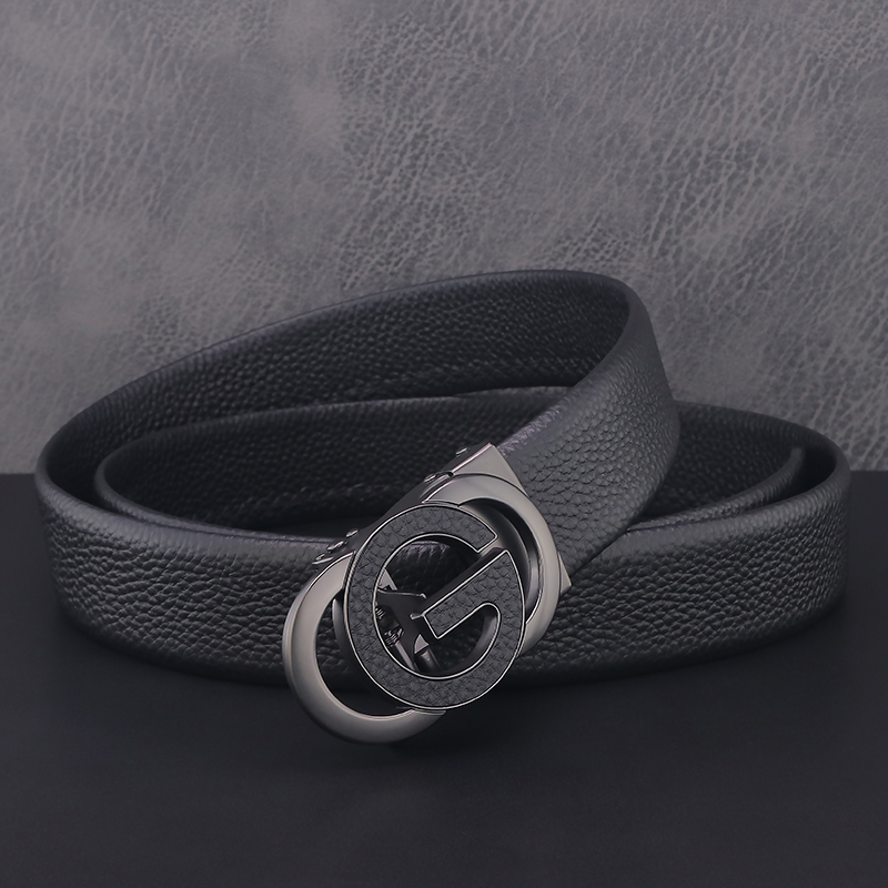 ahrw黑色皮带男年轻人g字母自动扣商务腰带时尚休闲个性软皮裤带 黑色