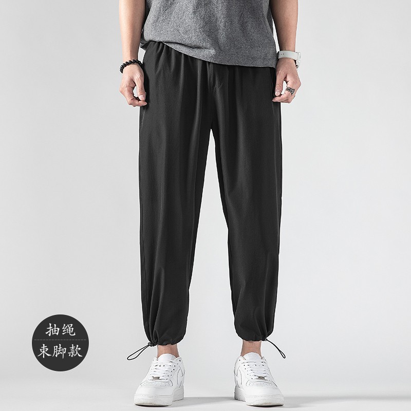 威廉马奇 休闲裤男士春秋季九分裤抽绳束脚裤潮流哈伦裤子男 黑色夏款