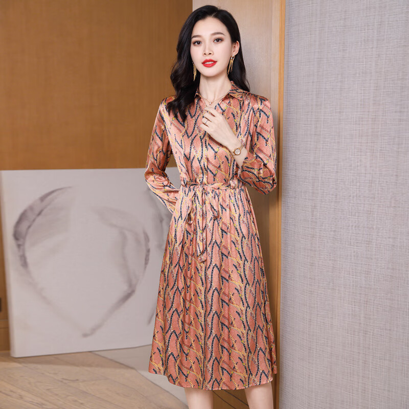 锦裳淑v领重磅真丝连衣裙春夏新款杭州桑蚕丝裙子中长款a字裙 桔色 m