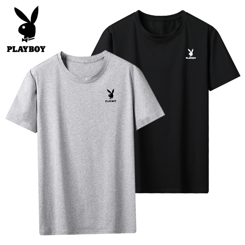花花公子(playboy icon)恤男夏季薄款纯色圆领套头衫短袖男士潮牌时尚