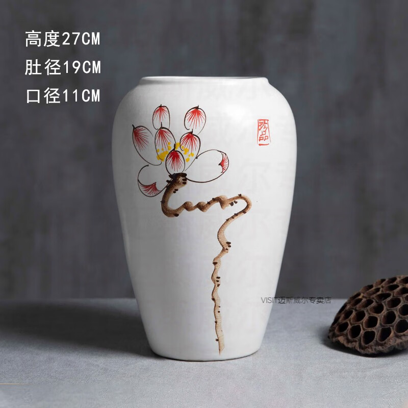 景德鎮(zhèn)陶瓷花瓶擺件客廳插花中式玄關裝飾品花器復古粗陶罐花盆禮 透明 手繪01【中】