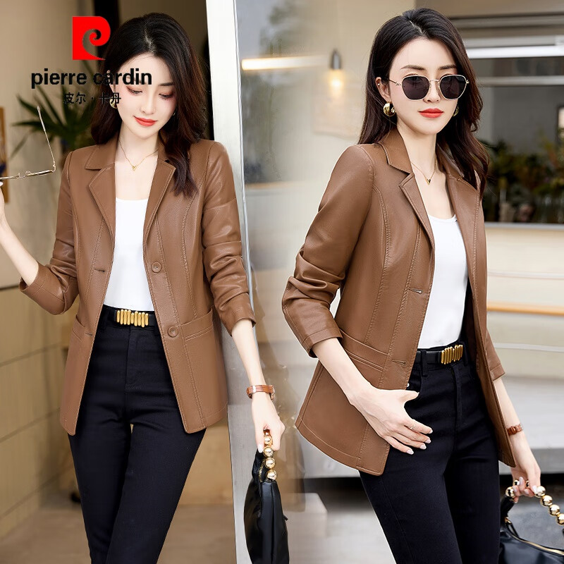 皮尔卡丹（pierre cardin）春秋女士皮衣外套2023年新款夹克修身收腰时尚显瘦中长款机车服 卡其黄 L属于什么档次？