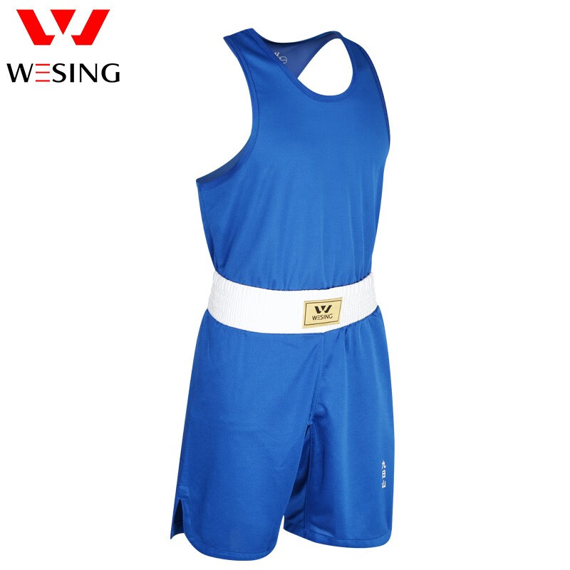 九日山拳击服背心短裤套装运动服 比赛训练服装 成人儿童拳击套装 B款蓝色（女款下单备注） 3XL