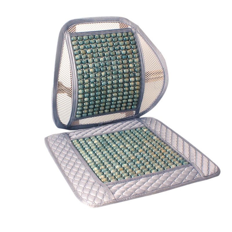 笨斯基汽車(chē)腰靠夏季木珠按摩靠背透氣靠墊車(chē)用腰枕靠腰墊冰絲網(wǎng)眼靠背坐墊連體套裝 青灰色套裝