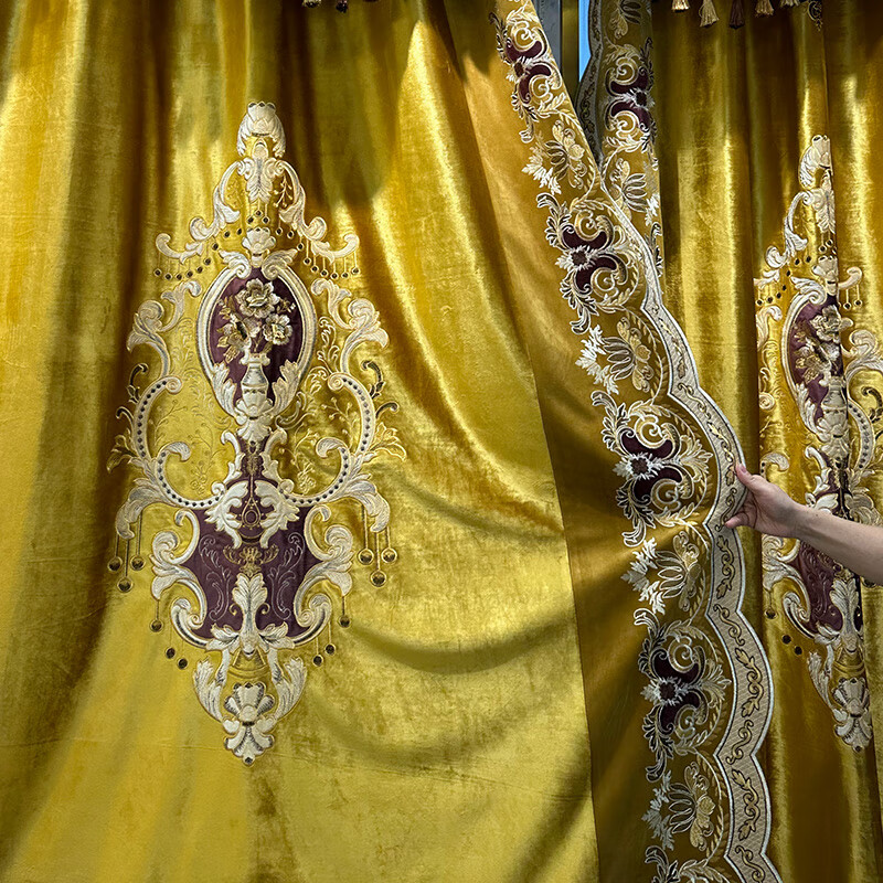 菲尔新款定制欧式美式丝绒布高端别墅刺绣豪华大气客厅遮光窗帘 金色