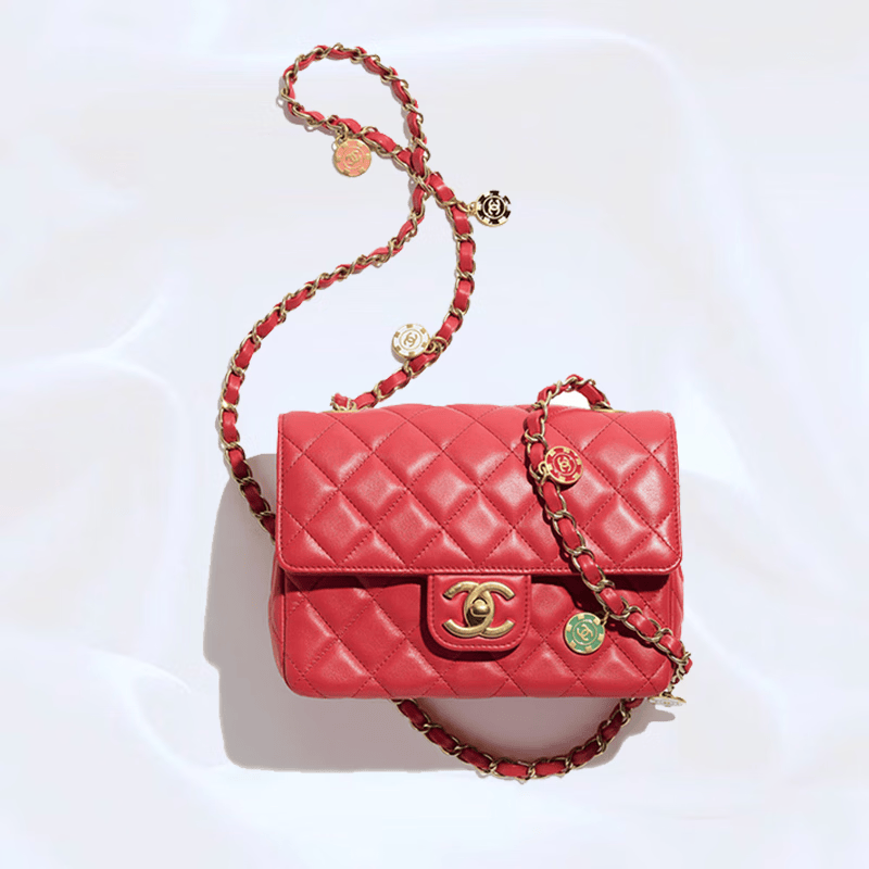 香奈儿(chanel)24新款女包红色小羊皮珐琅徽标配饰菱格纹绗缝翻盖单肩