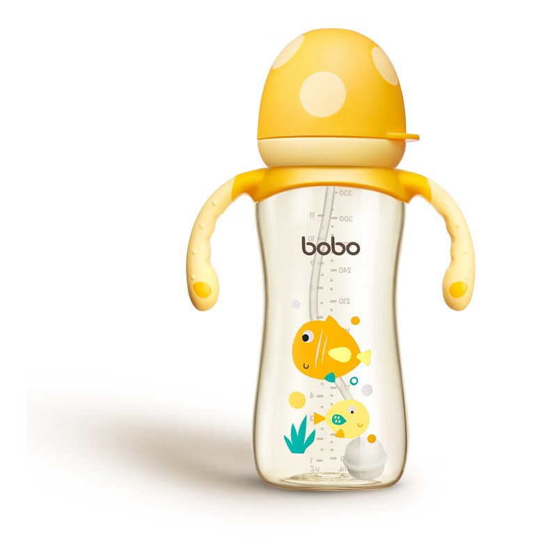 bobo宽口奶瓶新生儿吸管奶瓶婴儿6个月以上ppsu大宝宝奶瓶 黄色 330ml带LL号+鸭嘴【9-12月】